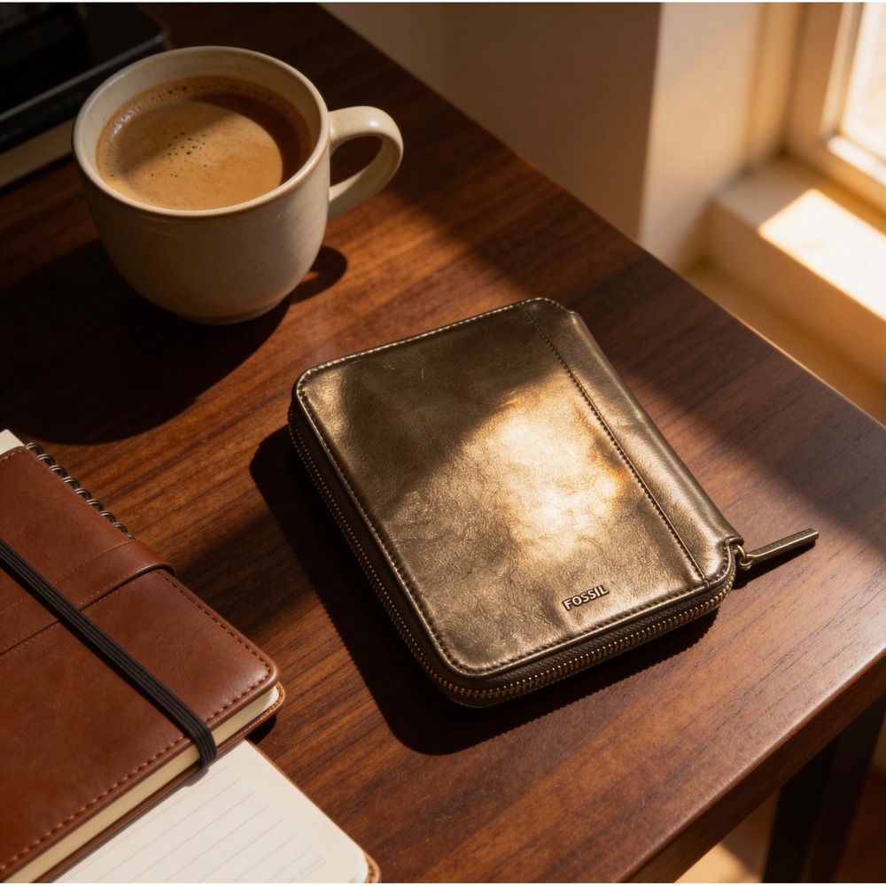 Fossil Metallic Bronze Leather Zip Around Tech Travel Organizer Portfolio Case‎